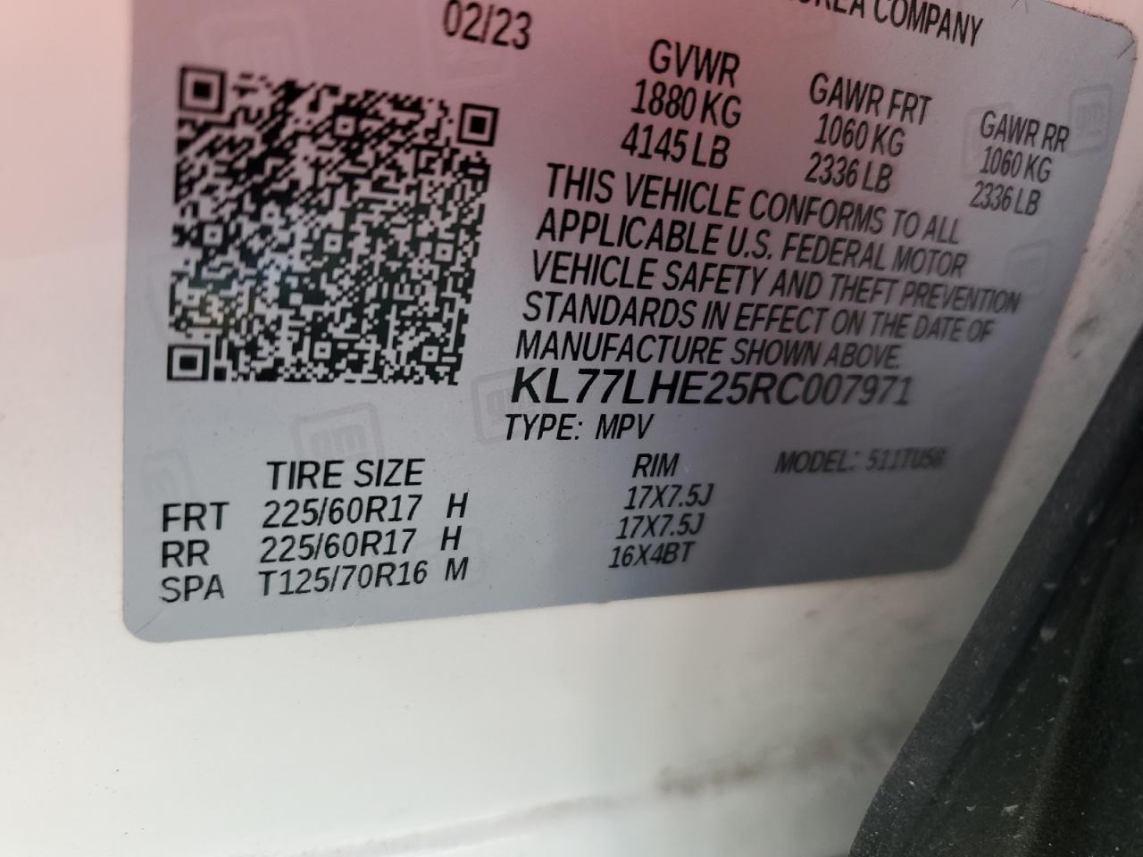 2024 CHEVROLET TRAX 1LT VIN:KL77LHE25RC007971