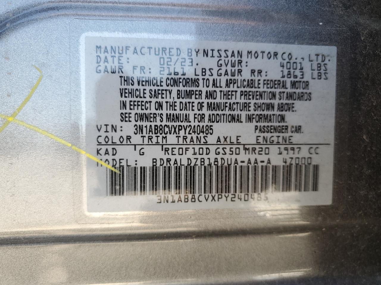 2023 NISSAN SENTRA SV VIN:3N1AB8CVXPY240485