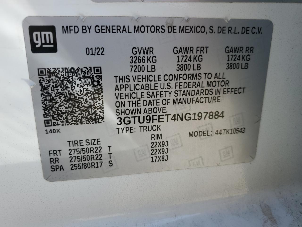 2022 GMC SIERRA LIMITED K1500 DENALI VIN:3GTU9FET4NG197884