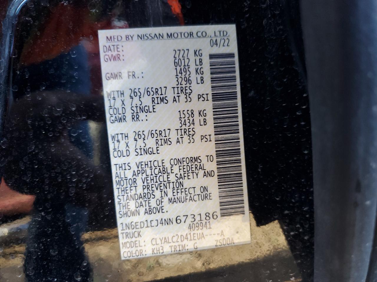 2022 NISSAN FRONTIER S VIN:1N6ED1EJ4NN673186