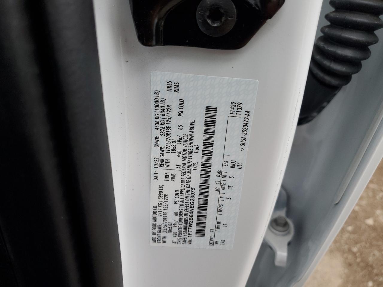 2022 FORD F250 SUPER DUTY VIN:1FT7W2B64NEG23075
