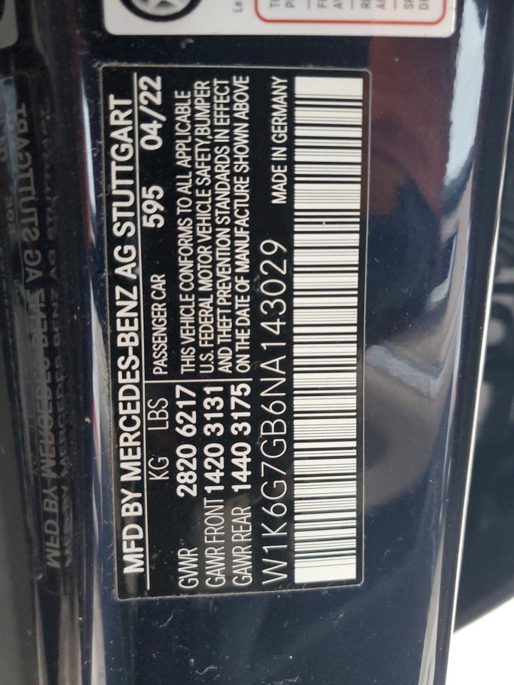 2022 MERCEDES-BENZ S 580 4MATIC VIN:W1K6G7GB6NA143029