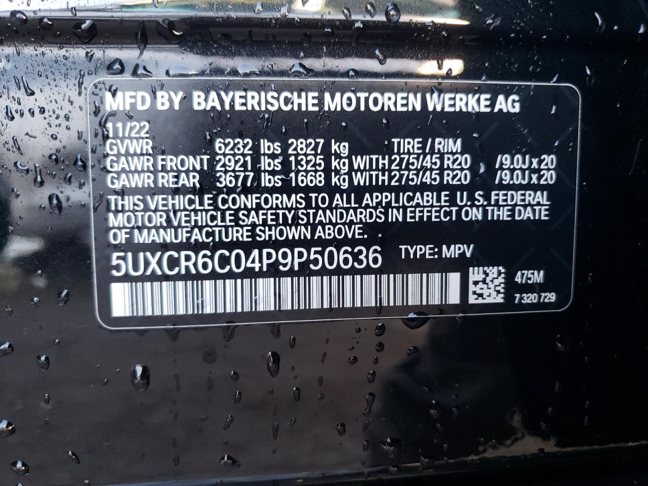 2023 BMW X5 XDRIVE40I VIN:5UXCR6C04P9P50636