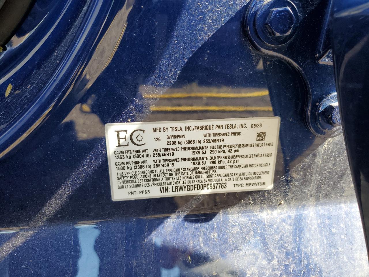 2023 TESLA MODEL Y VIN:LRWYGDFD0PC967763