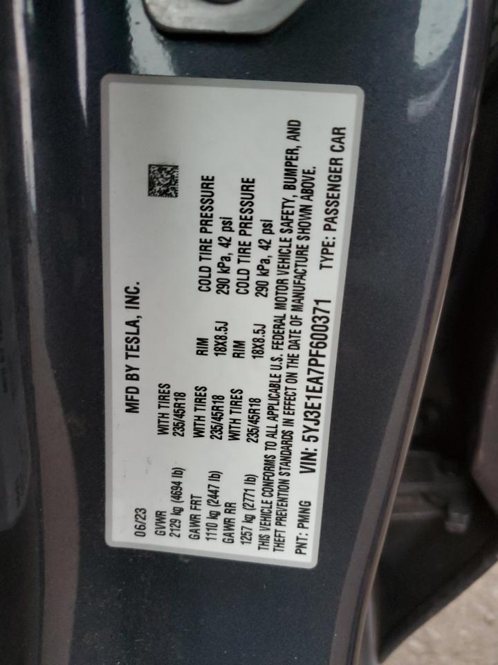 2023 TESLA MODEL 3 VIN:5YJ3E1EA7PF600371