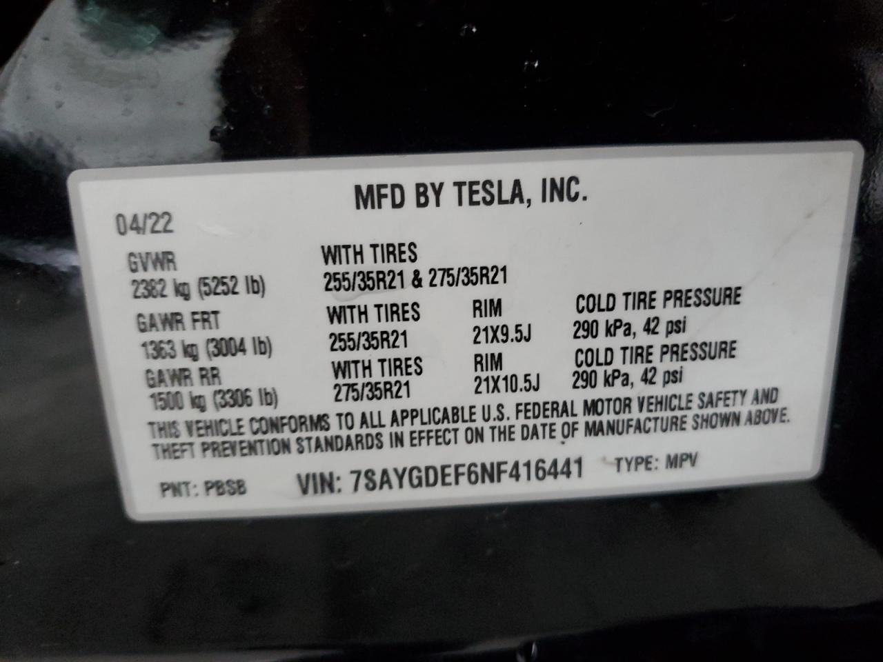 2022 TESLA MODEL Y VIN:7SAYGDEF6NF416441