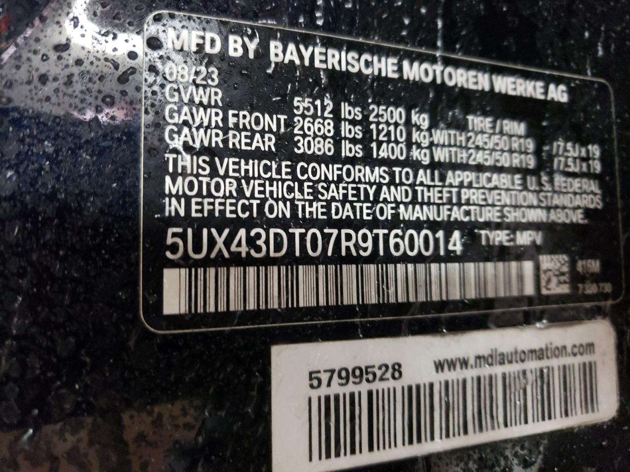 2024 BMW X4 M40I VIN:5UX43DT07R9T60014