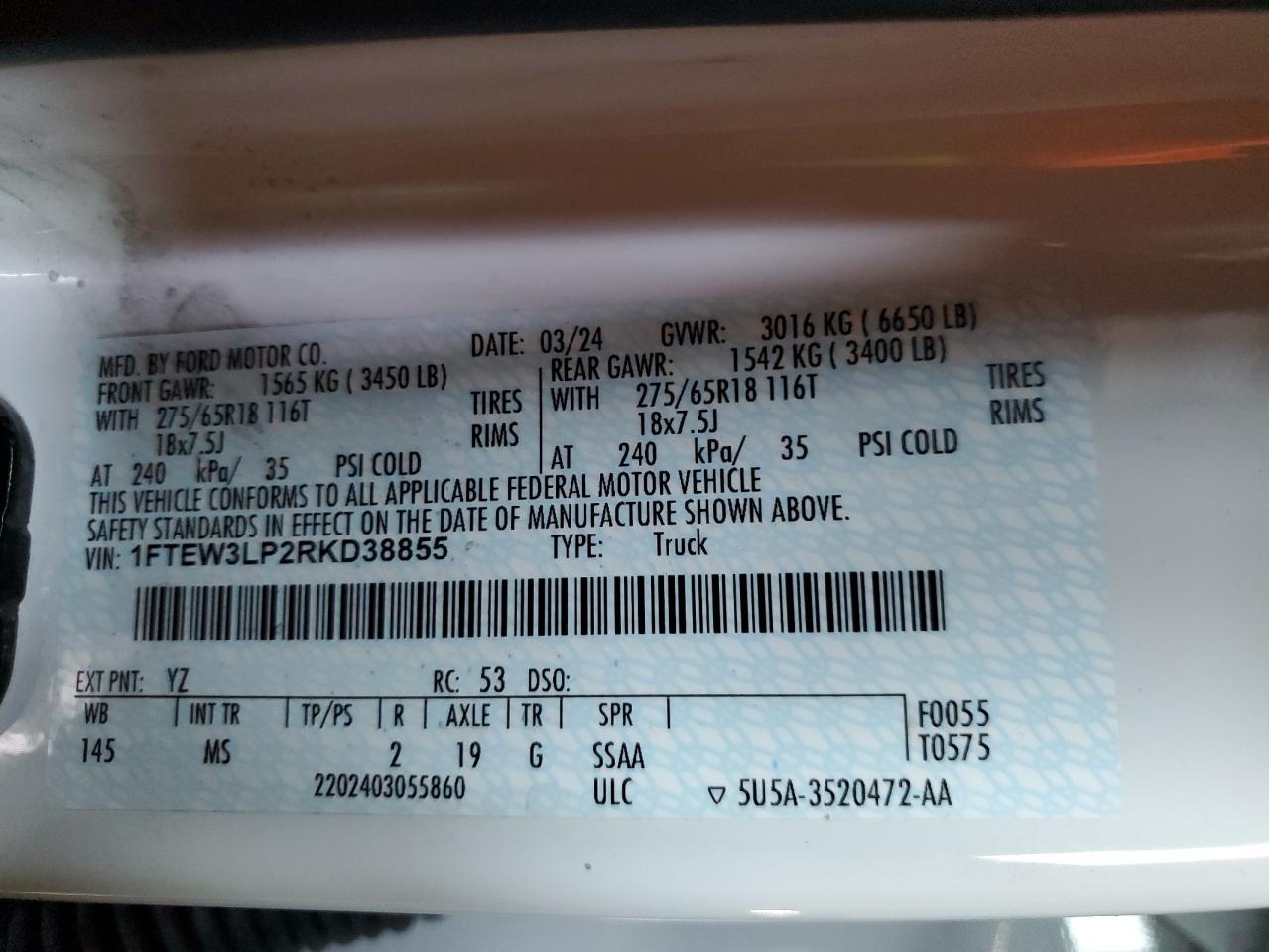2024 FORD F150 XLT VIN:1FTEW3LP2RKD38855