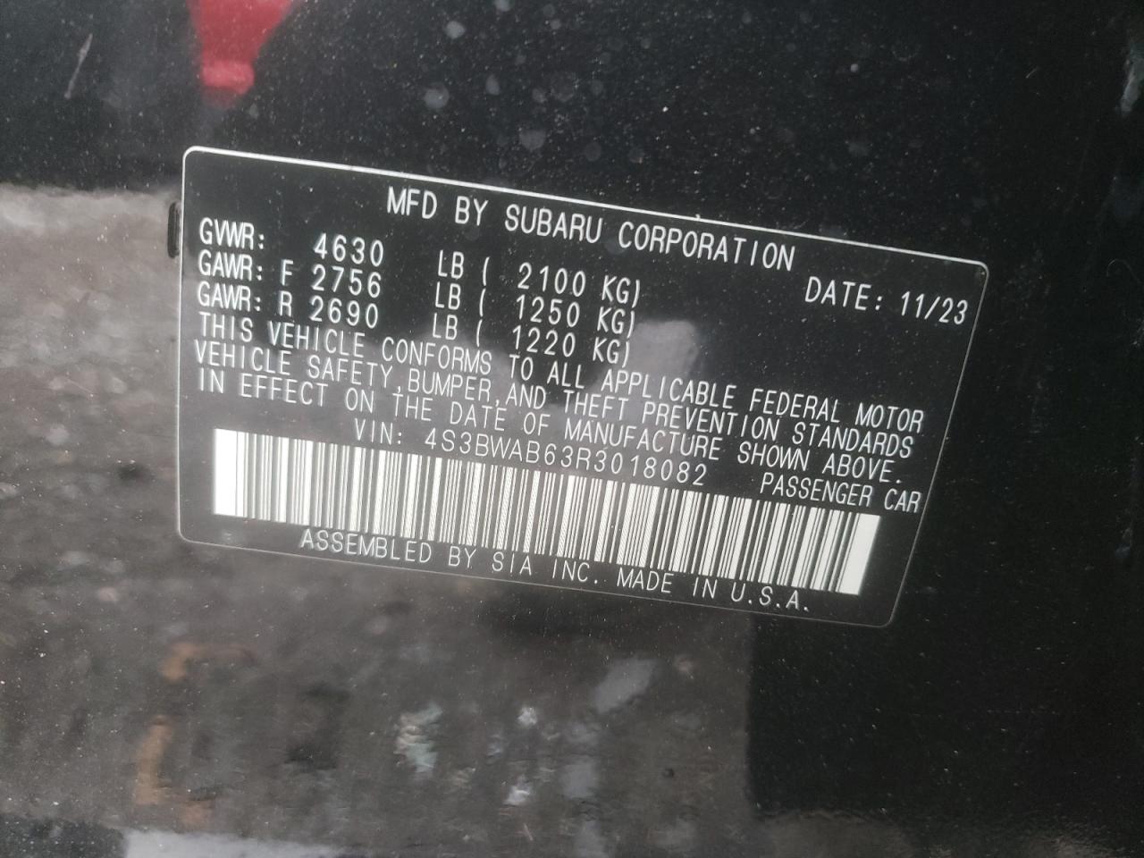 2024 SUBARU LEGACY VIN:4S3BWAB63R3018082