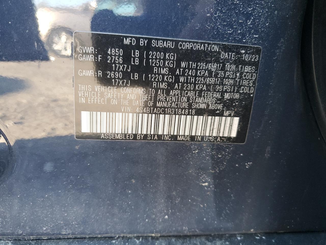 2024 SUBARU OUTBACK PREMIUM VIN:4S4BTADC1R3184818