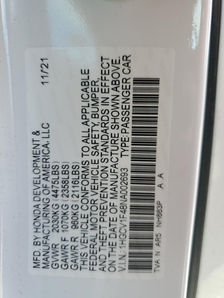 2022 HONDA ACCORD SPORT SE VIN:1HGCV1F48NA002693