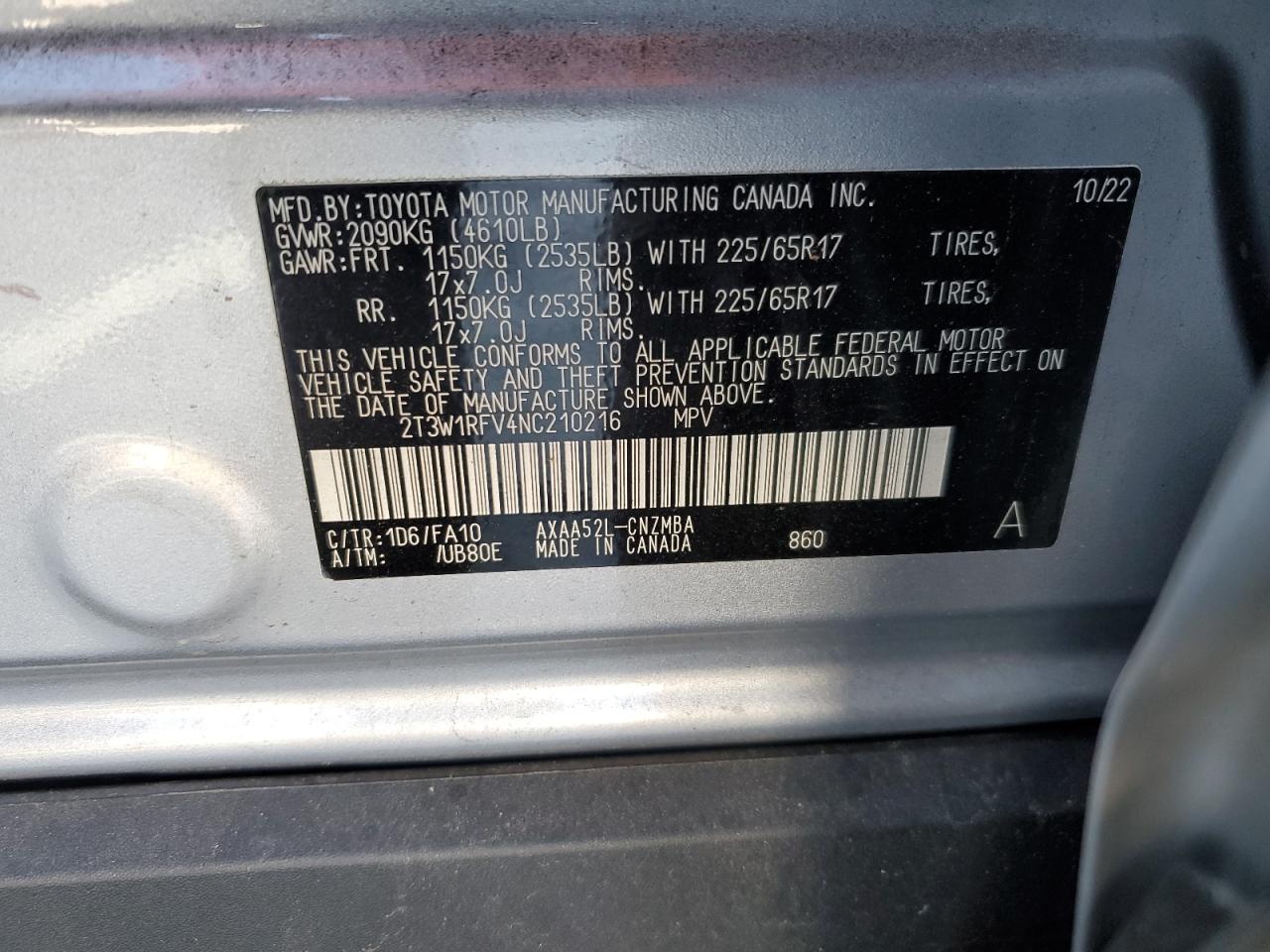 2022 TOYOTA RAV4 XLE VIN:2T3W1RFV4NC210216