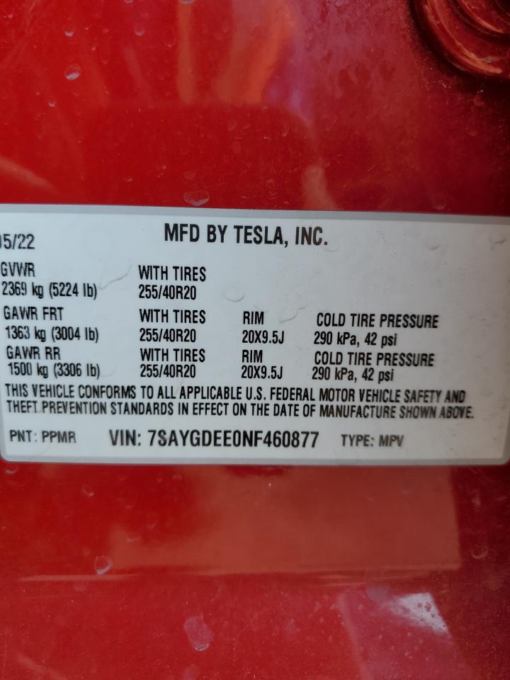 2022 TESLA MODEL Y VIN:7SAYGDEE0NF460877