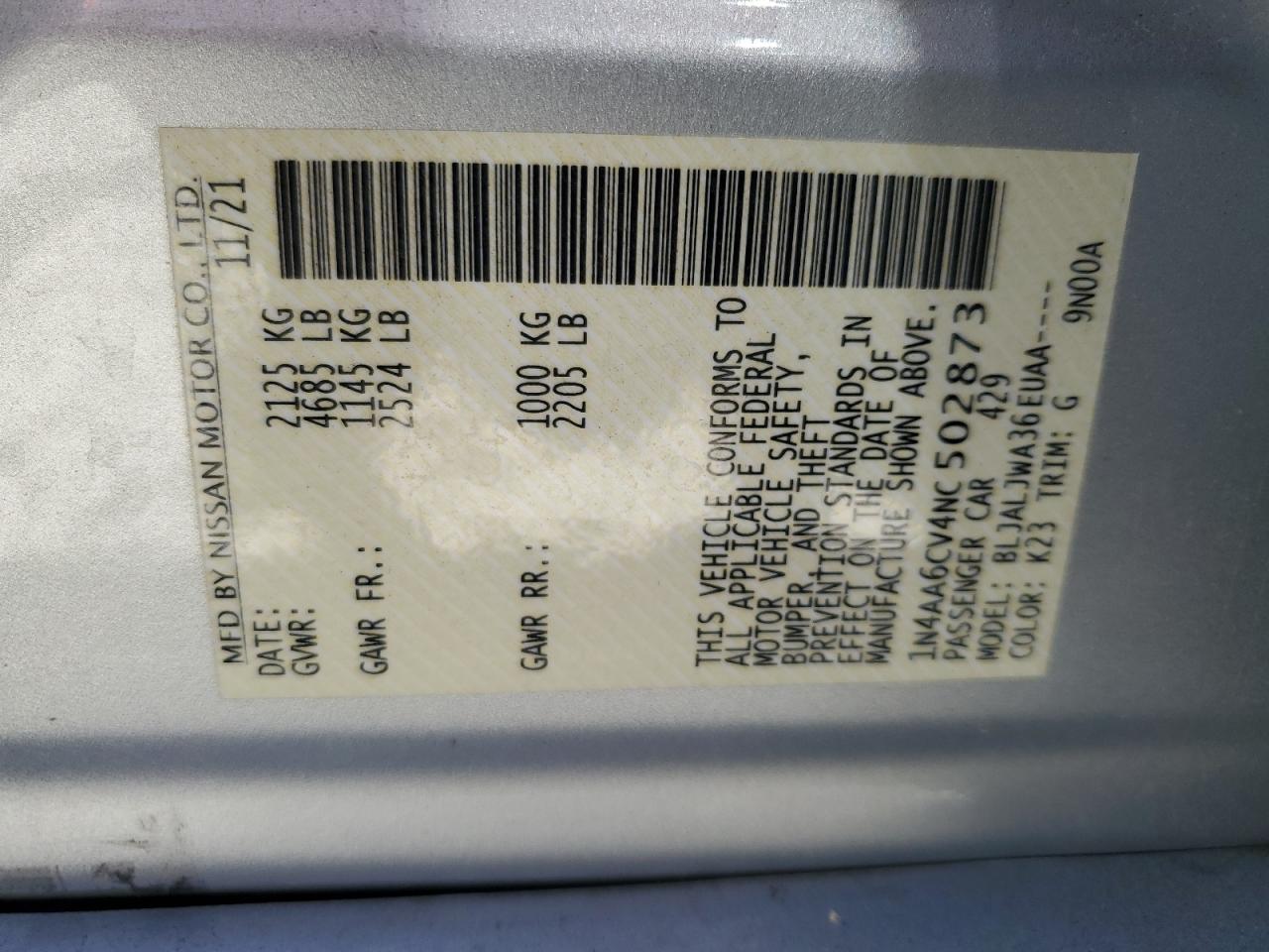 2022 NISSAN MAXIMA SV VIN:1N4AA6CV4NC502873