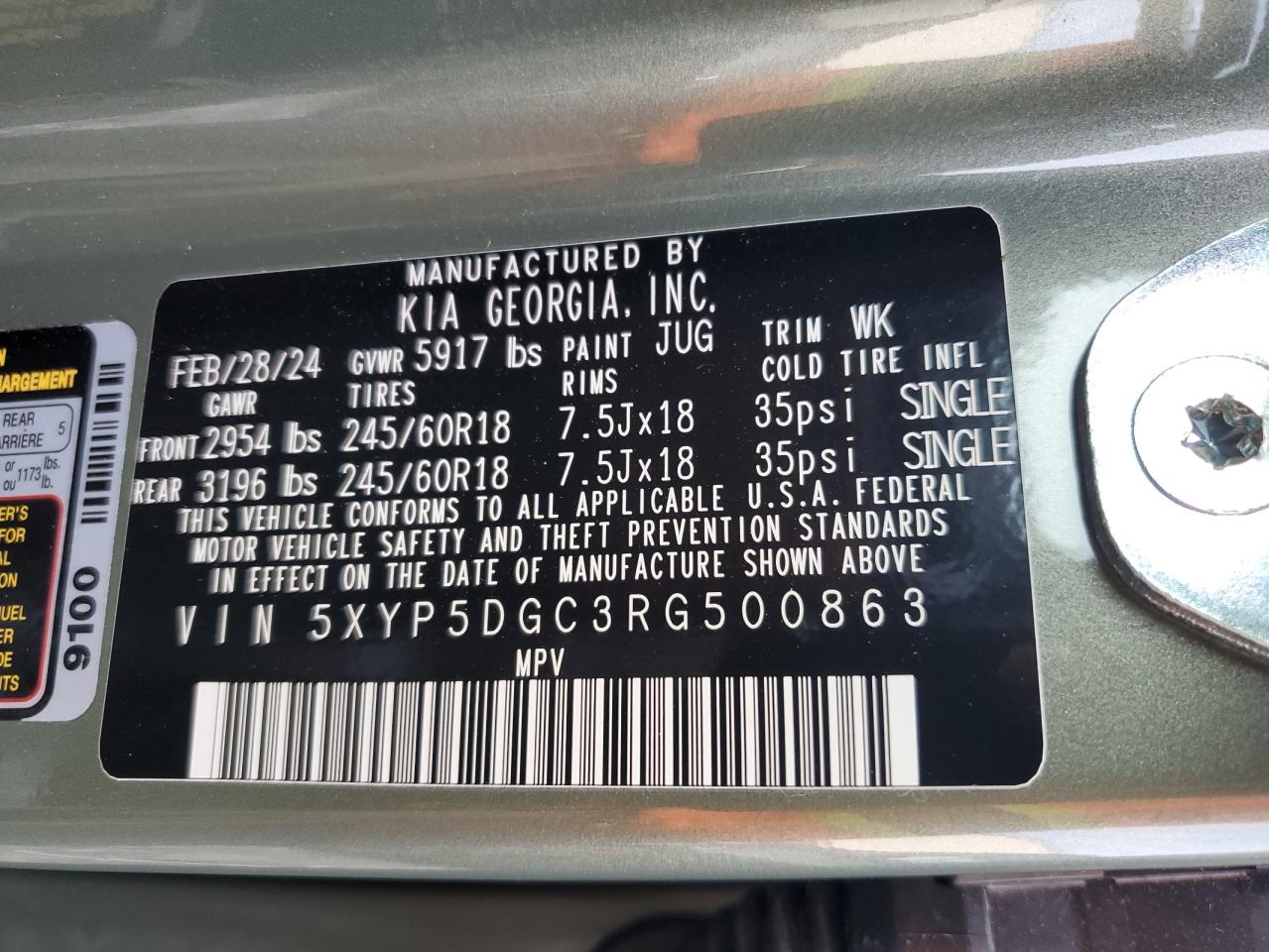 2024 KIA TELLURIDE SX VIN:5XYP5DGC3RG500863