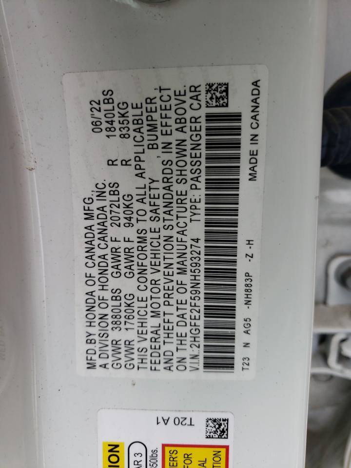 2022 HONDA CIVIC SPORT VIN:2HGFE2F59NH593274