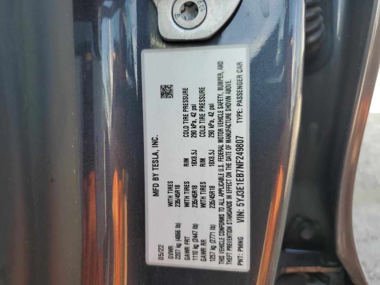 2022 TESLA MODEL 3 VIN:5YJ3E1EB7NF249807