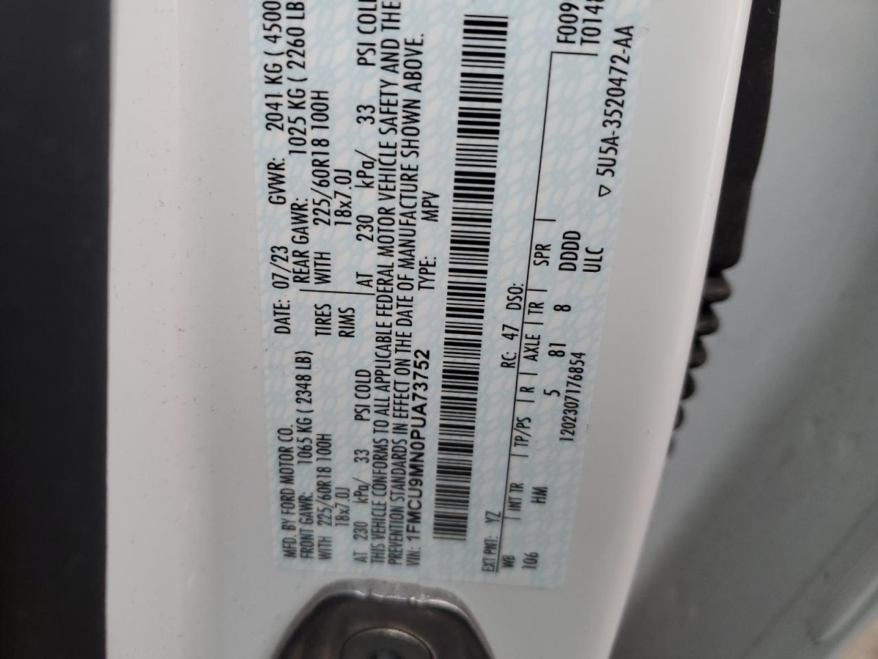 2023 FORD ESCAPE ST LINE VIN:1FMCU9MN0PUA73752