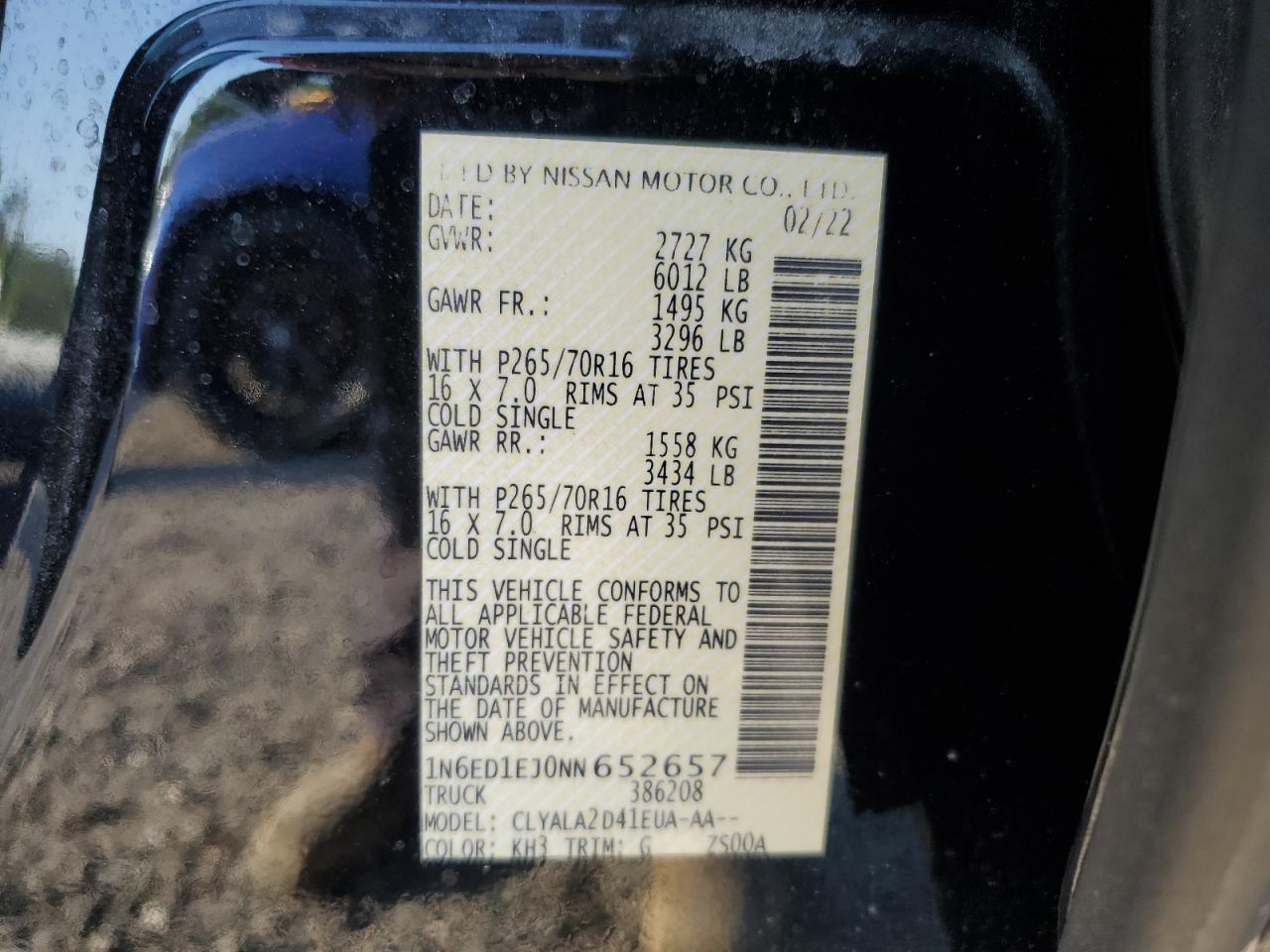 2022 NISSAN FRONTIER S VIN:1N6ED1EJ0NN652657