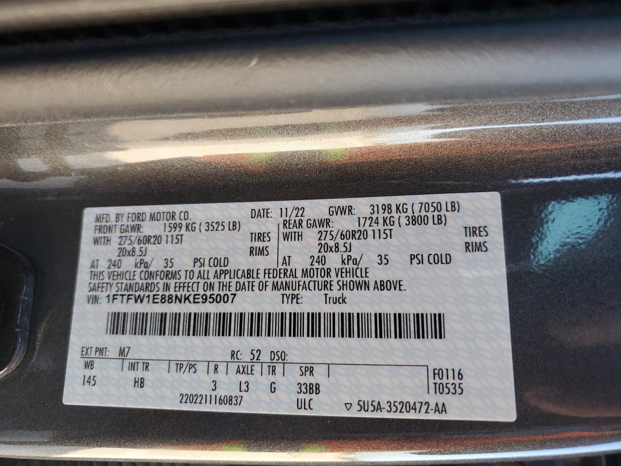 2022 FORD F150 SUPERCREW VIN:1FTFW1E88NKE95007