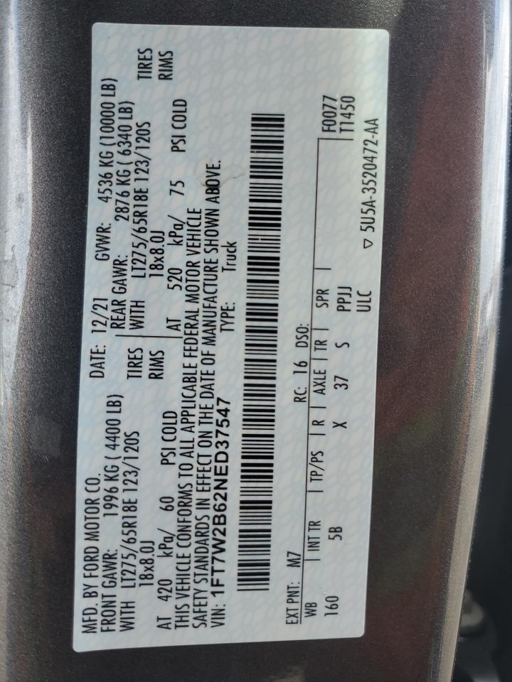 2022 FORD F250 SUPER DUTY VIN:1FT7W2B62NED37547