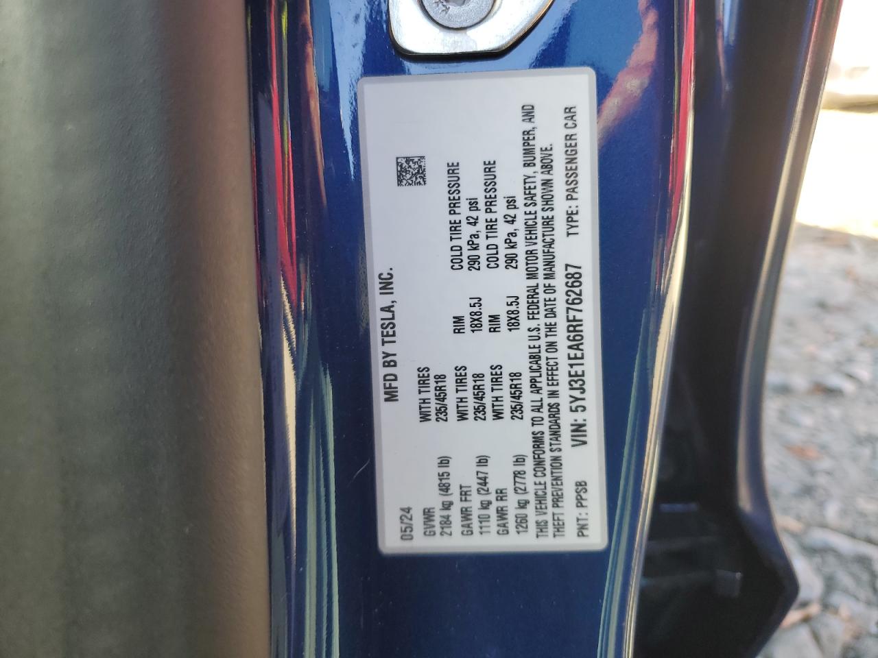 2024 TESLA MODEL 3 VIN:5YJ3E1EA6RF762687