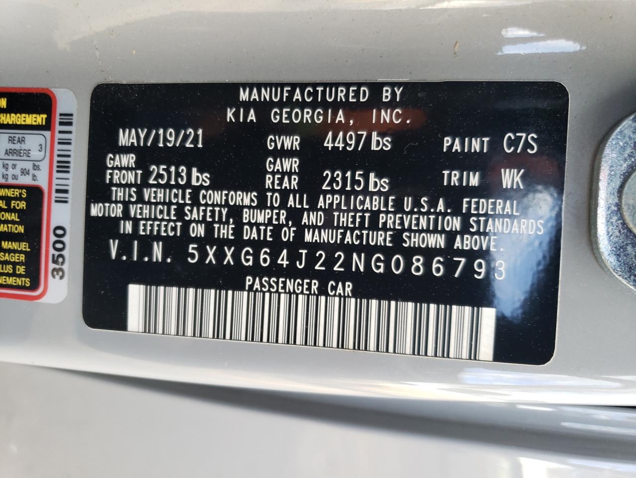 2022 KIA K5 GT LINE VIN:5XXG64J22NG086793