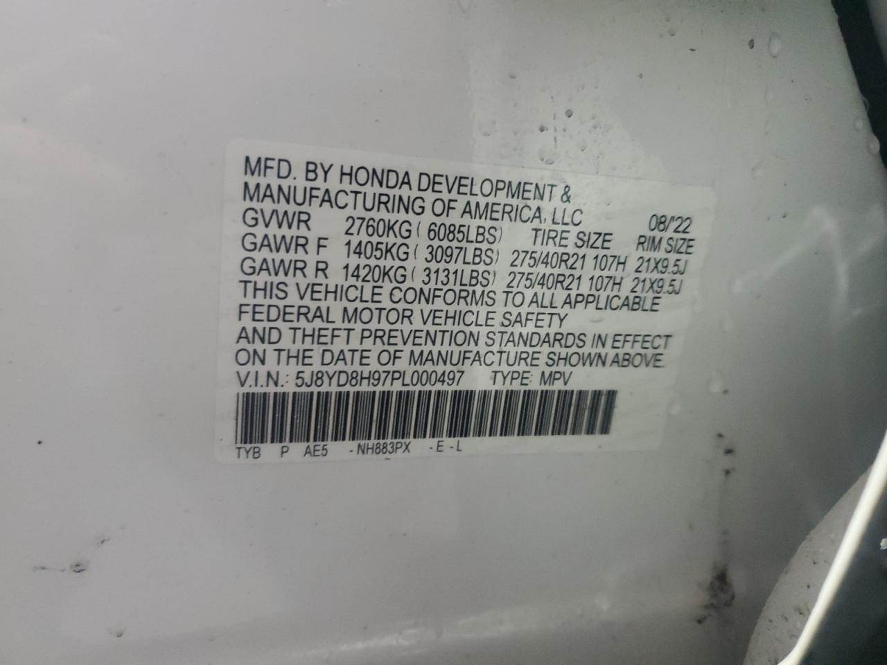 2023 ACURA MDX TYPE S VIN:5J8YD8H97PL000497