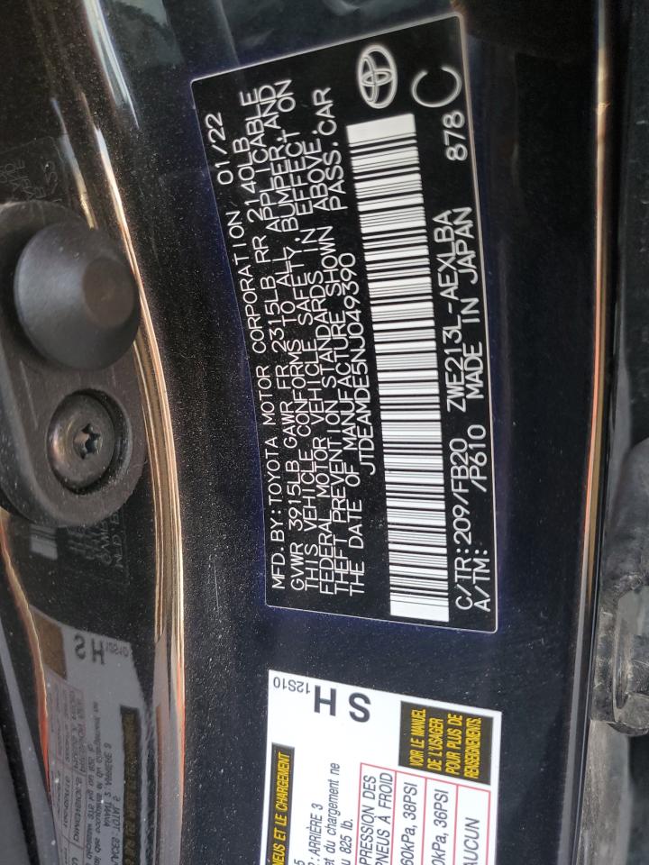 2022 TOYOTA COROLLA LE VIN:JTDEAMDE5NJ049390