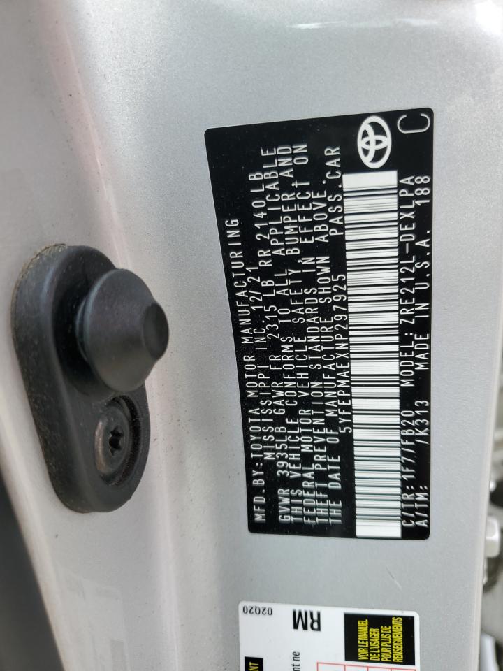 2022 TOYOTA COROLLA LE VIN:5YFEPMAEXNP297925