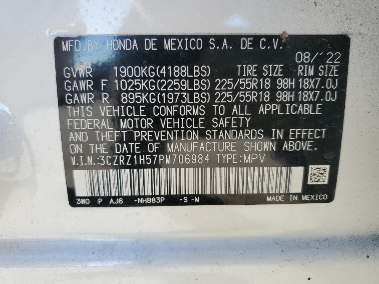 2023 HONDA HR-V SPORT VIN:3CZRZ1H57PM706984