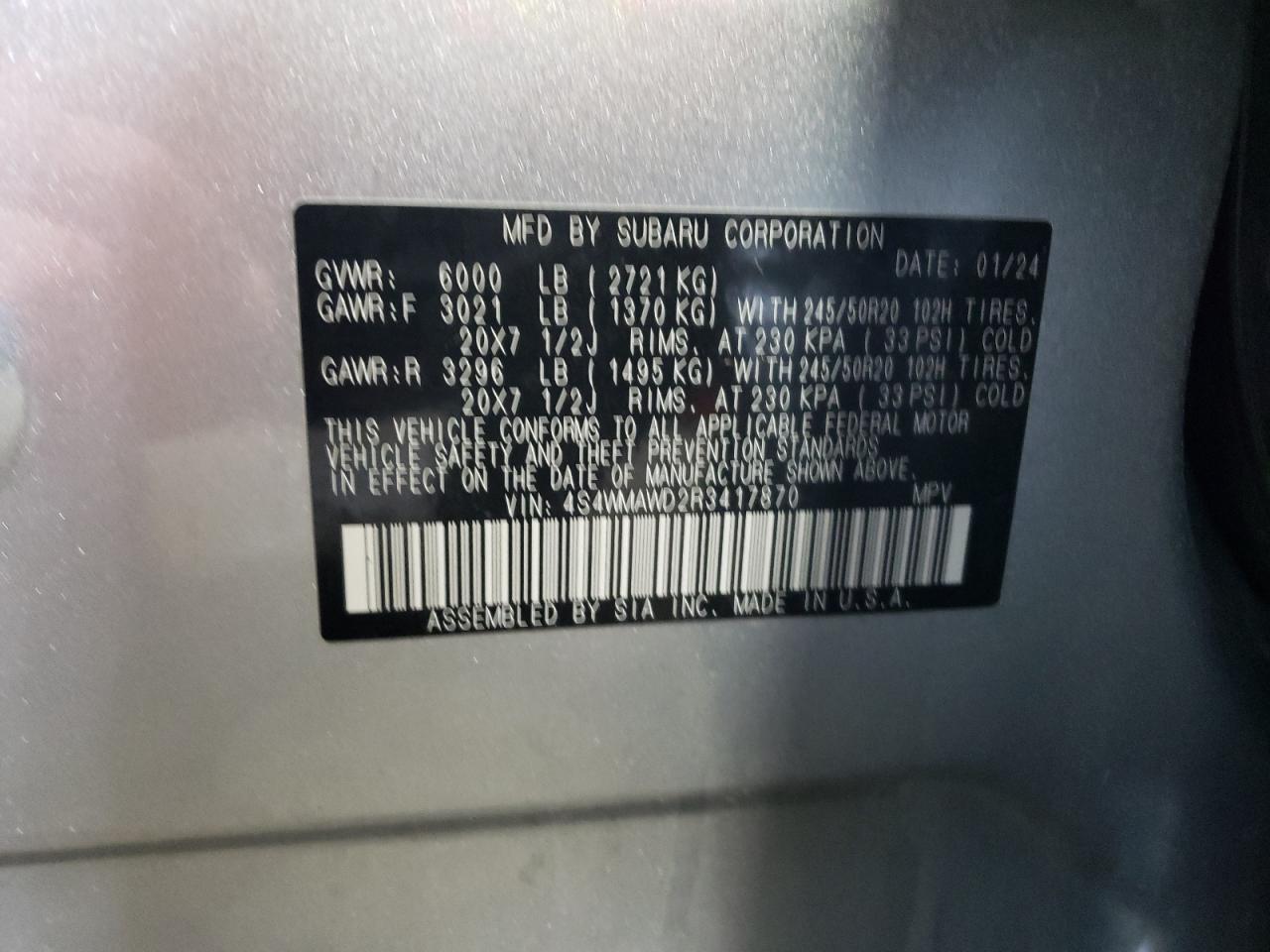 2024 SUBARU ASCENT TOURING VIN:4S4WMAWD2R3417870