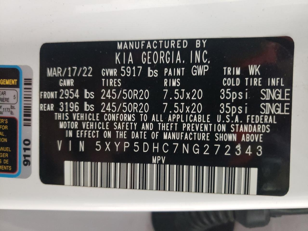 2022 KIA TELLURIDE SX VIN:5XYP5DHC7NG272343