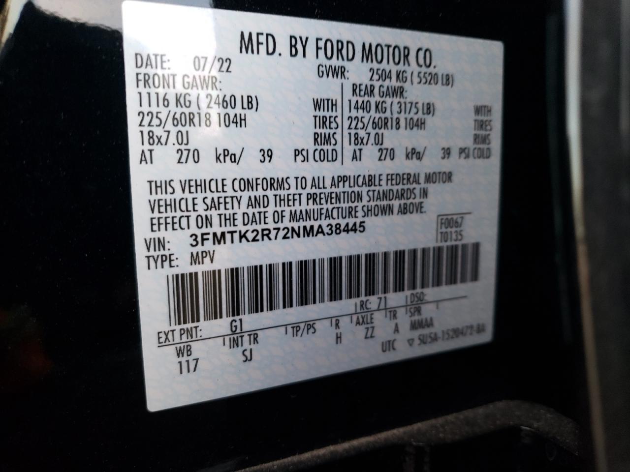 2022 FORD MUSTANG MACH-E CALIFORNIA ROUTE 1 VIN:3FMTK2R72NMA38445