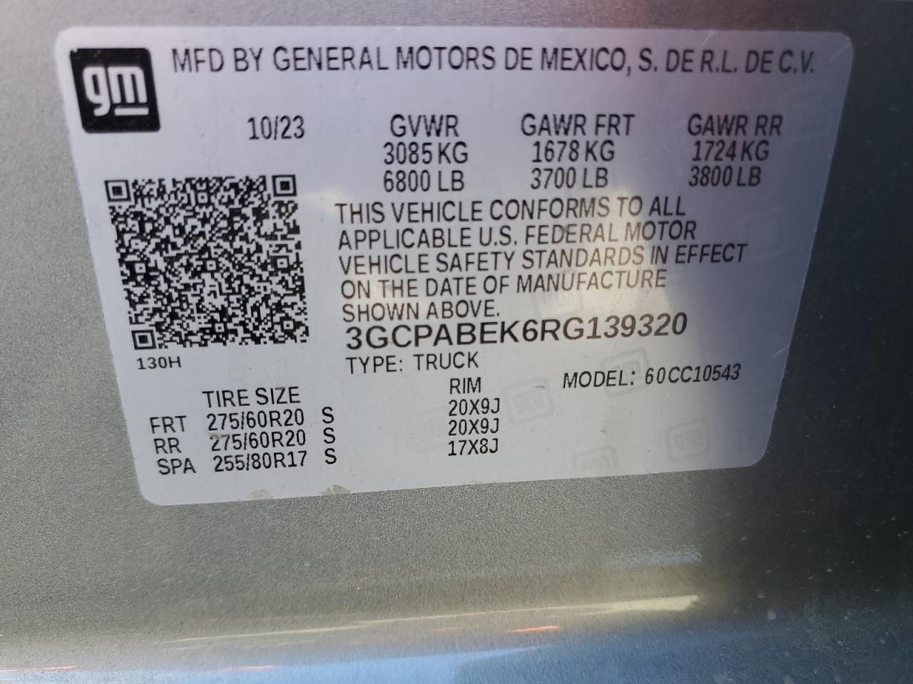 2024 CHEVROLET SILVERADO C1500 CUSTOM VIN:3GCPABEK6RG139320