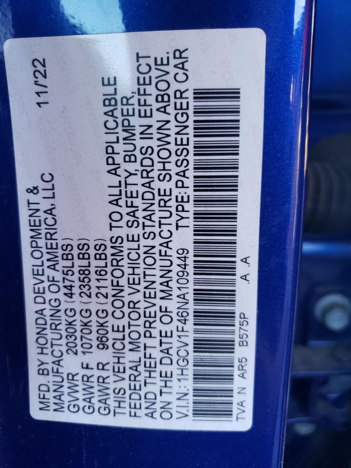 2022 HONDA ACCORD SPORT SE VIN:1HGCV1F46NA109449