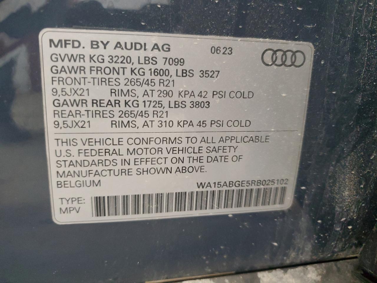 2024 AUDI Q8 E-TRON PREMIUM PLUS VIN:WA15ABGE5RB025102