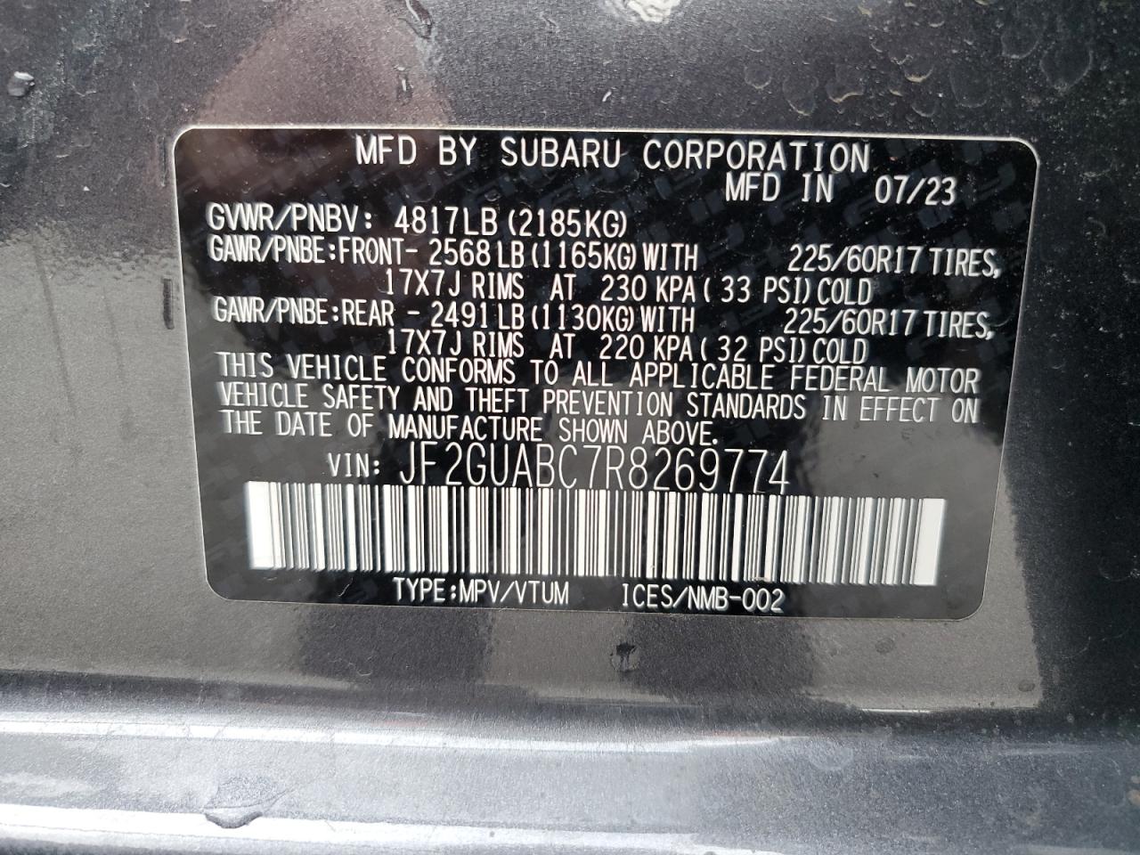 2024 SUBARU CROSSTREK VIN:JF2GUABC7R8269774