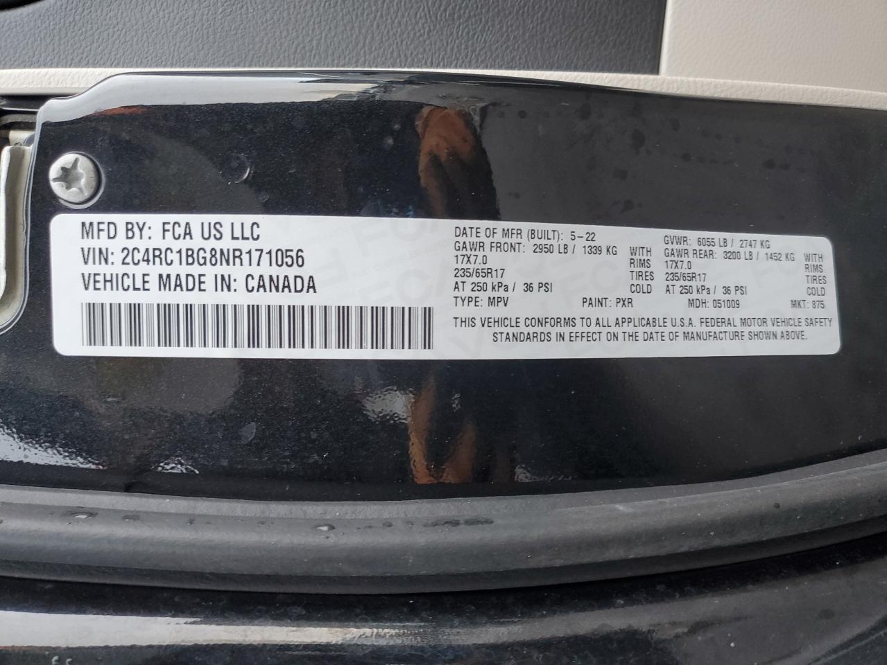 2022 CHRYSLER PACIFICA TOURING L VIN:2C4RC1BG8NR171056