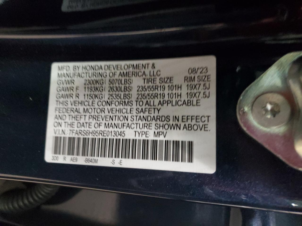 2024 HONDA CR-V SPORT TOURING VIN:7FARS6H95RE013045