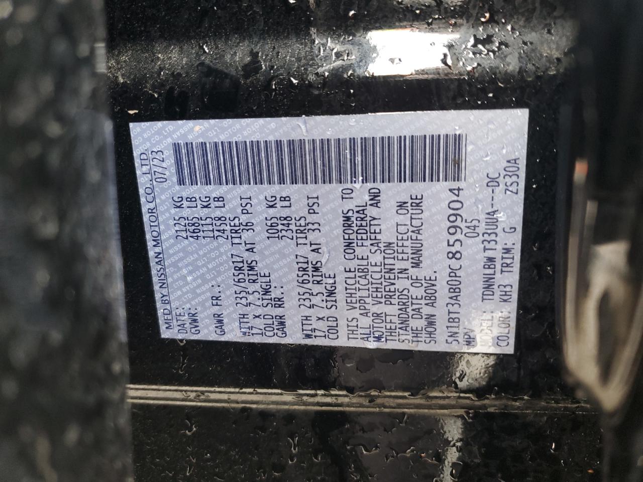 2023 NISSAN ROGUE S VIN:5N1BT3AB0PC859904