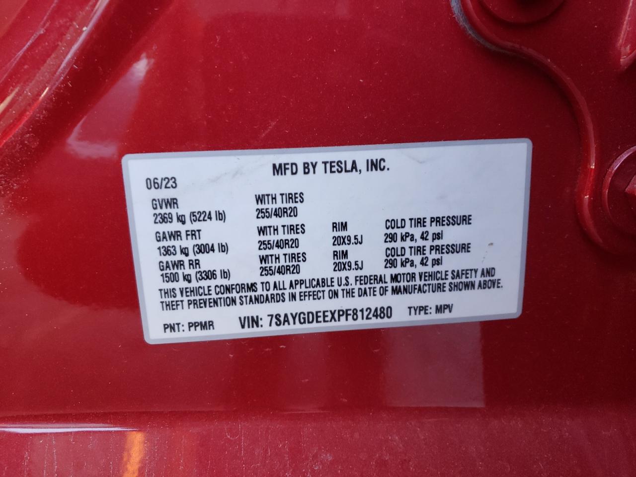 2023 TESLA MODEL Y VIN:7SAYGDEEXPF812480