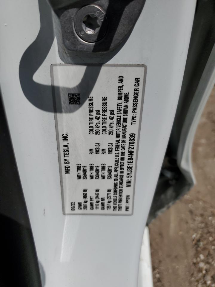 2022 TESLA MODEL 3 VIN:5YJ3E1EB4NF270839