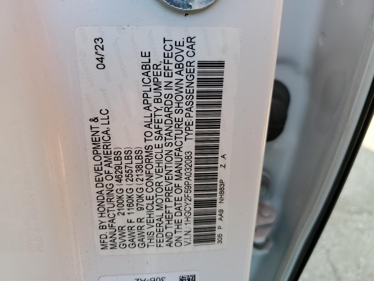 2023 HONDA ACCORD HYBRID SPORT VIN:1HGCY2F59PA032083