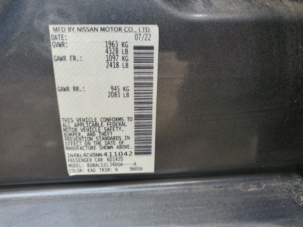 2022 NISSAN ALTIMA SR VIN:1N4BL4CV0NN411042