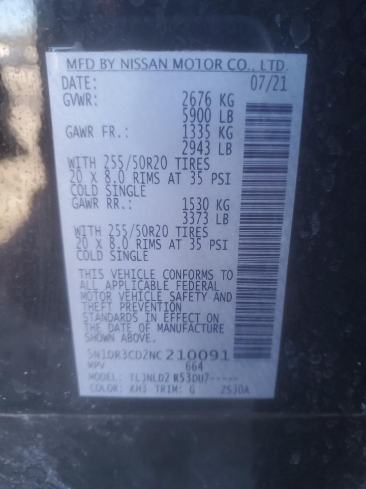 2022 NISSAN PATHFINDER SL VIN:5N1DR3CD2NC210091