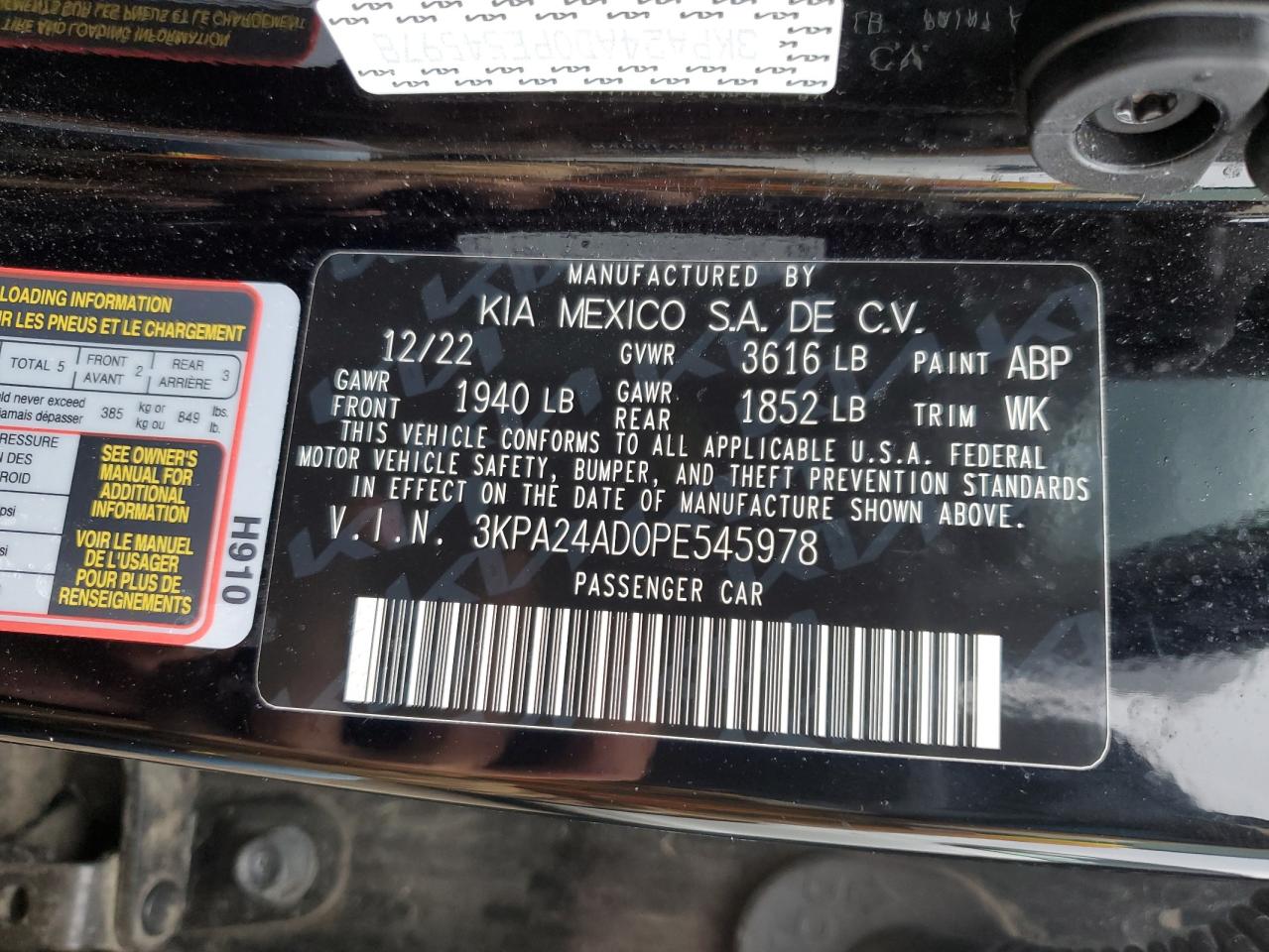 2023 KIA RIO LX VIN:3KPA24AD0PE545978