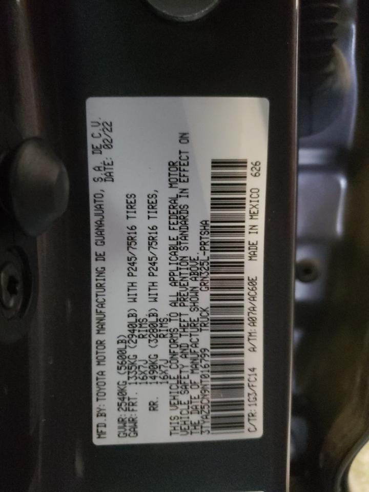 2022 TOYOTA TACOMA DOUBLE CAB VIN:3TYAZ5CN9NT016799
