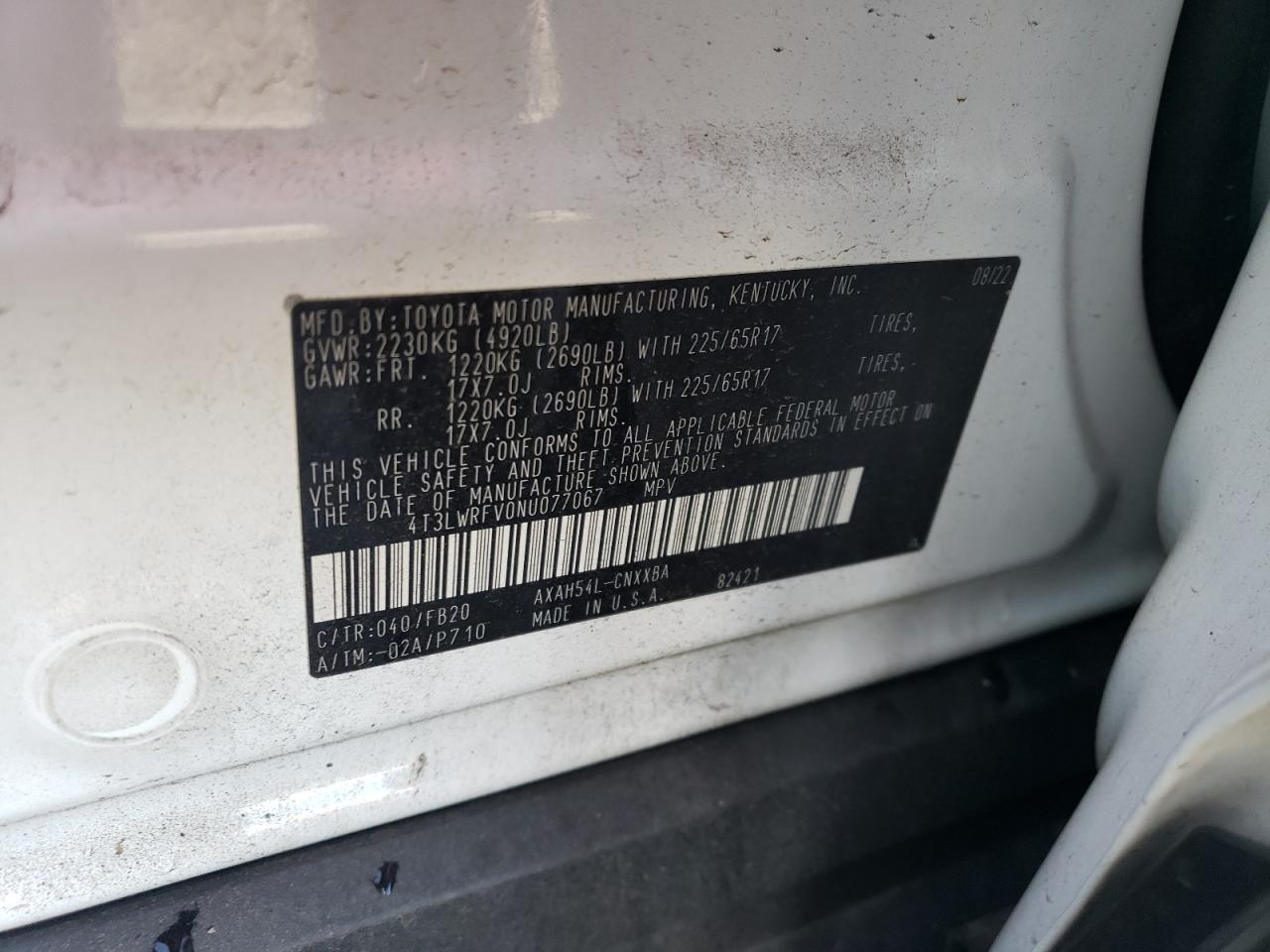 2022 TOYOTA RAV4 LE VIN:4T3LWRFV0NU077067