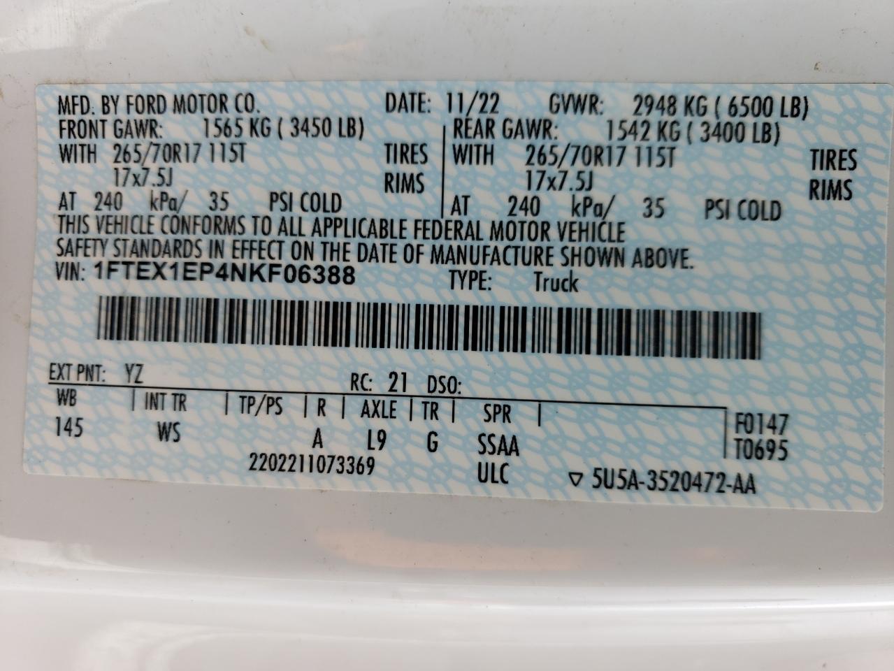2022 FORD F150 SUPER CAB VIN:1FTEX1EP4NKF06388